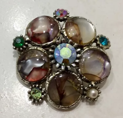 Vintage Hollywood Signed Brooch With Multicoloured Stones • £19