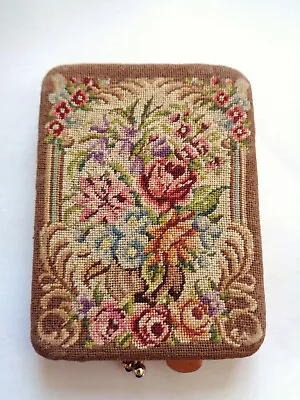 Petit Point Vintage Floral Design Oblong Cloth Covered Loose Powder Compact • £30