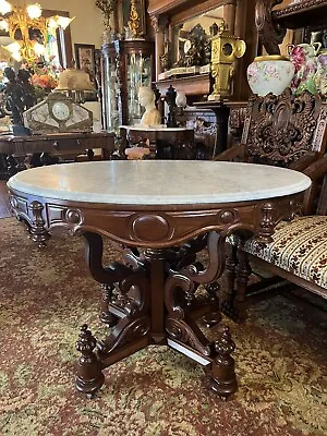 Antique Oval Marble Top Thomas Brooks  Center Parlor Table Walnut • $3750