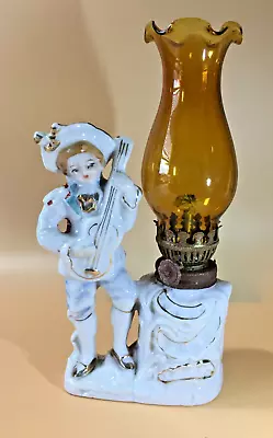 Vtg. Lamp Victorian Man Guitar Figurine Miniature Oil Lamp 8  Tall Hand Painted • $25