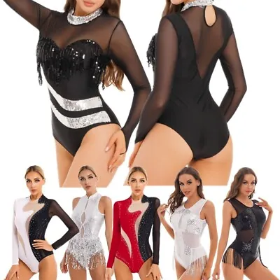 Women Ballet Leotards Turtleneck Rhinestone Sheer Mesh Long Sleeve Bodysuits • $20.32