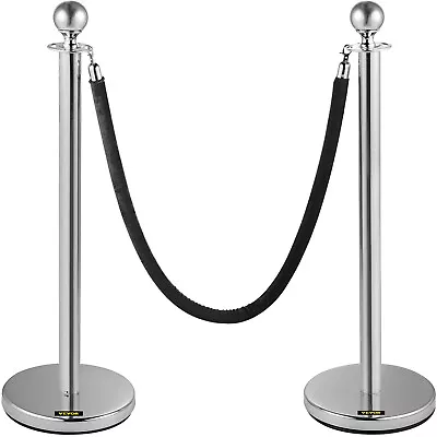 2PCS Set Crowd Control Stanchion Silver Queue Pole Barrier W/ Black Velvet Rope • $61.99