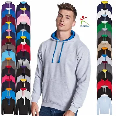 AWDis Mens Varsity Hoodie Contrast Hood Jumper Casual Pullover Hooded Sweatshirt • £16.87