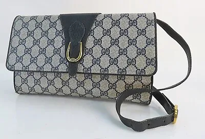 Auth Vintage GUCCI Navy GG PVC Canvas And Leather Shoulder Crossbody Bag #55545 • $242.10