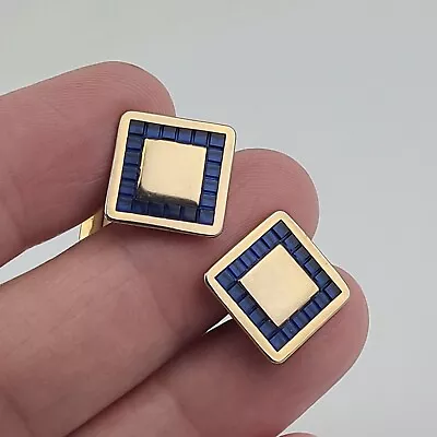 Vintage SWANK Gold-Tone Stainless Cufflinks Square With Dark Blue Stones  • $8.99