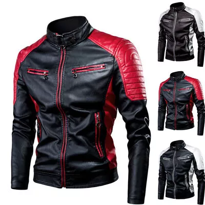 Mens Motorcycle Faux Leather Jacket Warm Zip Coat Fashion Machine Jackets Casual • $37.17