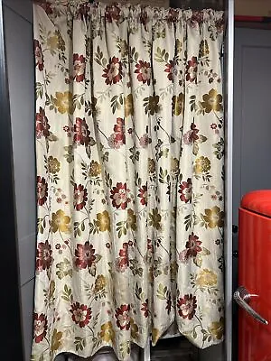 £24.75 • Buy Pair Montgomery Beige, Gold & Red Floral Fabric Lined Pleat Curtains 90”L X 68”D