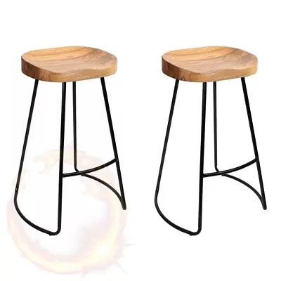 Artiss Set Of 2 Elm Wood Backless Bar Stools 65cm Black Light Natural • $107.39