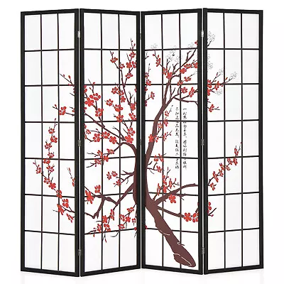 4-Panel Japanese Style Folding Room Divider W/ Elegant Plum Blossom Design • $109.98