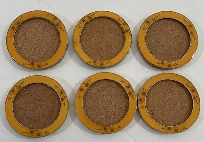 VTG Bucklers Inc? NY Floral Enamel Gold Tone Cork Coasters Set Of 6 Mid Century • $19.99