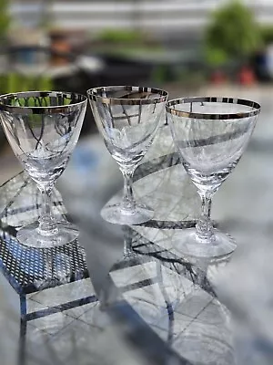 Fostoria Crystal Water Wine Silver Band Mid-Century Modern Glasses Set Of 3 • $27.77