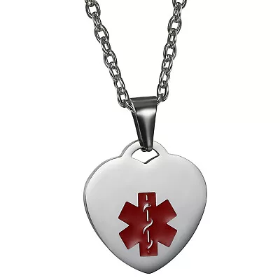 Stainless Steel Heart Medical Alert ID Tag Pendant Chain Necklace Men Women • $10.89