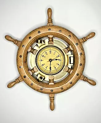 Vintage Nautical Porthole Ship Wheel Wall Clock Heavy Wood & Brass 13” • $29.99