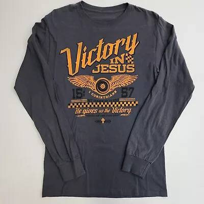 Victory In Jesus 15:57 Black Long Sleeves Religious Faith Casual Shirt Sz S • $18.93