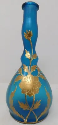 Late 1800s Barber Bottle Profuse Gold Florals On Blue-Green / Teal Glass Antique • $199