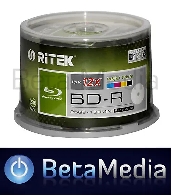 £59.52 • Buy 100 X Ritek Blu-ray BD-R 12x 25GB Full Hub Inkjet Printable Blu Ray BDR Discs