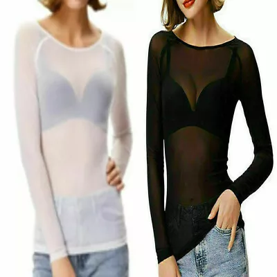 Ladies' SHEER Mesh Top Ladies Long Sleeve Stretchy See Through T Shirt Tops Plus • £6.99