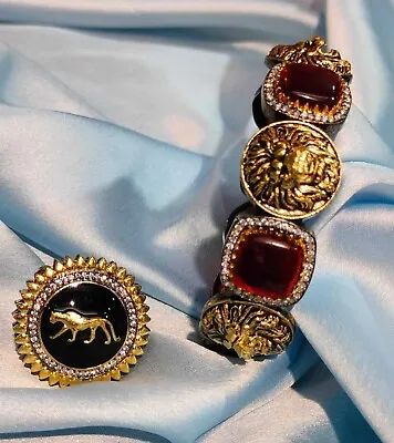 Sabyasachi Kundan Choker/Vintage Elephant Indian Bracelet With Ring Combo Set • $34.99