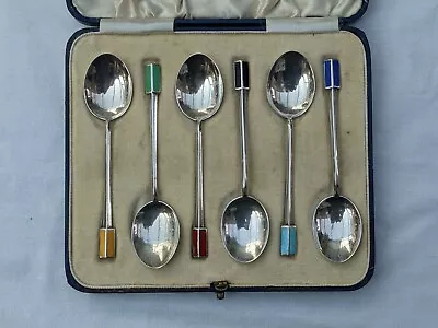 Art Deco Silver Enamel Spoons. Mappin & Webb. Birmingham 1936. • £100