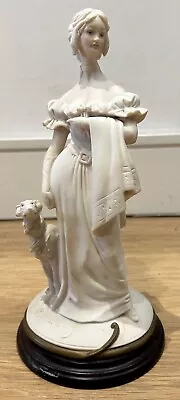 Vintage Porcelain 32cm Bruno Merli Сapodimonte Lady W/dog Figurine + Wooden Base • £0.99