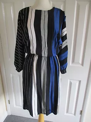 Cockney Rebel - Retro Black/blue/white/grey Stripe Silky Feel Dress - Size UK10 • $18.94