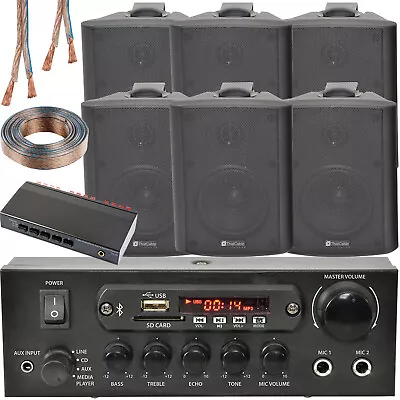 3 Zone Bluetooth Speaker Kit 6x 70W Black Wall Mounted Home Bar Stereo Amplifier • £321.49