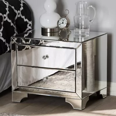 Metallic Silver Nightstand Glam Mirrored Bedside End Table 2-Drawer Assembled • $324.60