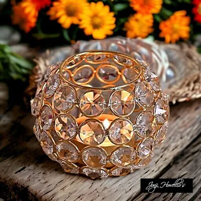 Crystal Tea Light Candle Holder Round Sparkle Bling Gold Wire Home Art Decor • £7.90