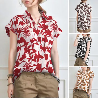 ZANZEA Women Floral Print Vintage Shirt Collared V Neck Oversized Tops Blouse US • $26.96