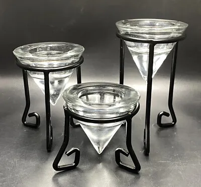 1990s Floating Cone Glass Candle Holders SET (3) Black Geometric Metal Stands • $14