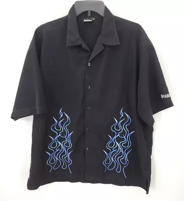 Vintage Yamaha Shirt Mens Large Black Blue Flame Hawaiian Short Sleeve Button Up • $28.12