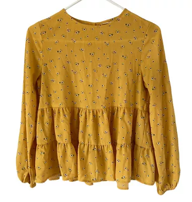 H&M Babydoll Shirt Womens Size 14 Long Sleeve Yellow Floral • $10.95