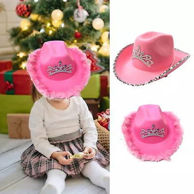 Kids Blinking Pink Crown Cowboy Hat Girls Summer Shapeable Beach Western Cowgirl • $12.28