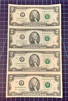 Uncut Currency Sheet Of Four(4) $2 Two Dollar Bills / Series 2013 • $27.50