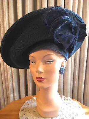 Bold 40's Navy Wide Pancake Style Beret W/ Side Curled Feathers & Navy Bow • $44.99