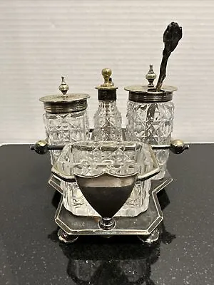 Vintage  4 Piece Cut Glass Cruet Set Art Deco Electro Plated Nickel Silver Crest • $59.42