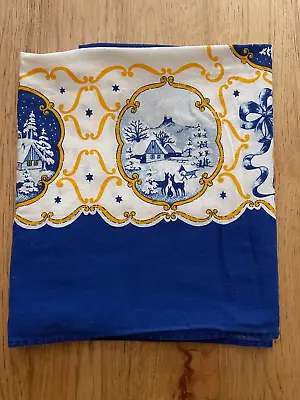 $16.99 • Buy Vtg Tablecloth 43 X52 Blue White Gold Snow Deer Bells Stars Hybler S.r.o. Cotton