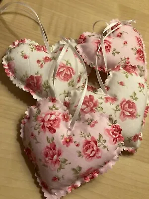 4 Handmade Fabric Hanging Love Hearts Pink And White Rose Rustic Shabby Chic • £4.99