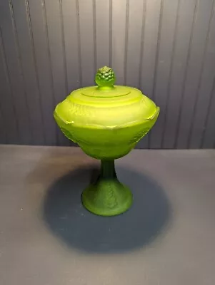 Vintage Frosted Green Satin Indiana Glass Pedestal  Candy Dish Compote With Lid • $27