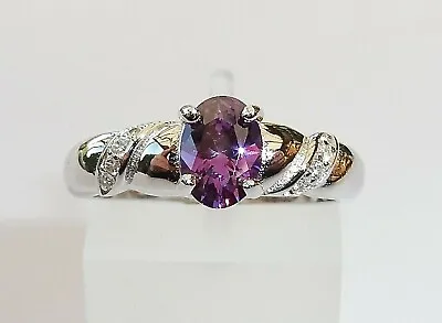 Ladies Ring Sterling 925 Solid Silver Natural Diamond And Amethyst Ring • £44.50