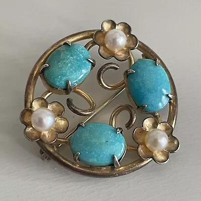 SYMMETALIC Sterling 1/20 14K GOLD Filled Vintage Brooch Pin Pearl & Turquoise • $39.99