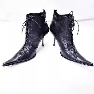 Lea Foscati Blk Leather Lace Up Boots Pointy Toe Goth Punk Stiletto 7.5 38 Italy • £142.51