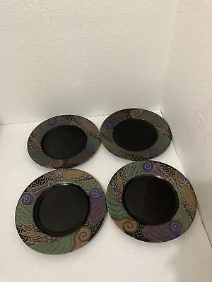 TAMPICO By ARCOROC France  Geometric Print Black Glass Salad Plates Set Of 4 • $28.99