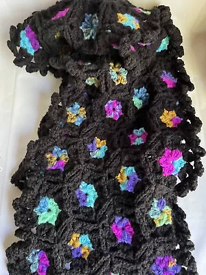 Vintage Hand-knit Crochet Flowers Shawl Neck Scarf Wrap Multi Color Boho Hippie • $36