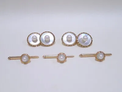 Vintage MIKIMOTO 14k Yellow Gold Akoya Pearl & Mother Of Pearl Studs & Cufflinks • $1000