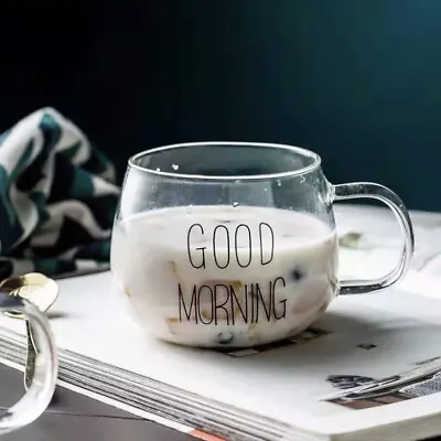 New Clear  Good Morning  Set Of 2 Coffee Tea Milk Cups Mug Bowl Cup Glass • $12.99