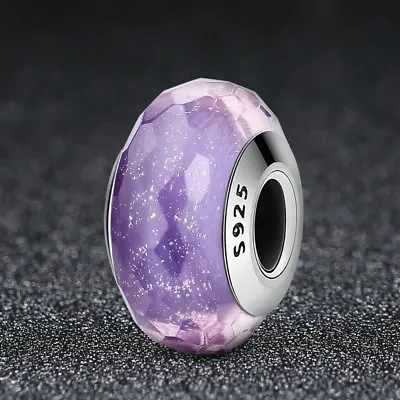 European 925 Sterling Silver Purple Shimmer Murano Glass Bead Charm Fit Bracelet • $9.18