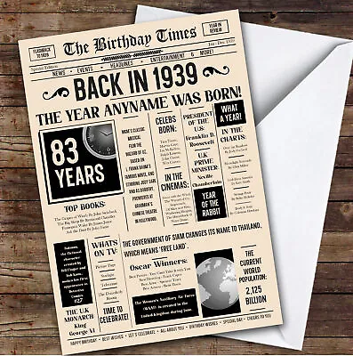 1939 Newspaper Any Age Any Year You Were Born Facts Personalised Birthday Card • £6.59