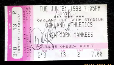 Vintage**dave Stewart**oakland A's* Signed A Ticket Stub 7/21/92 A's Vs Yankees • $25.92