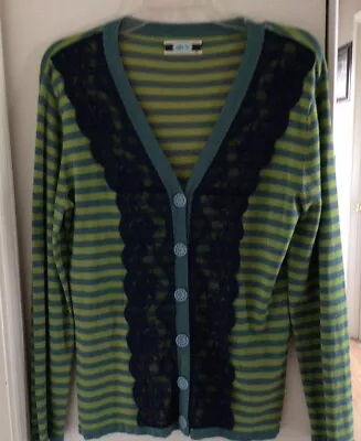 Matilda Jane Green Blue Stripped Lace Cardigan Sweater Boho Size Medium • $26.75